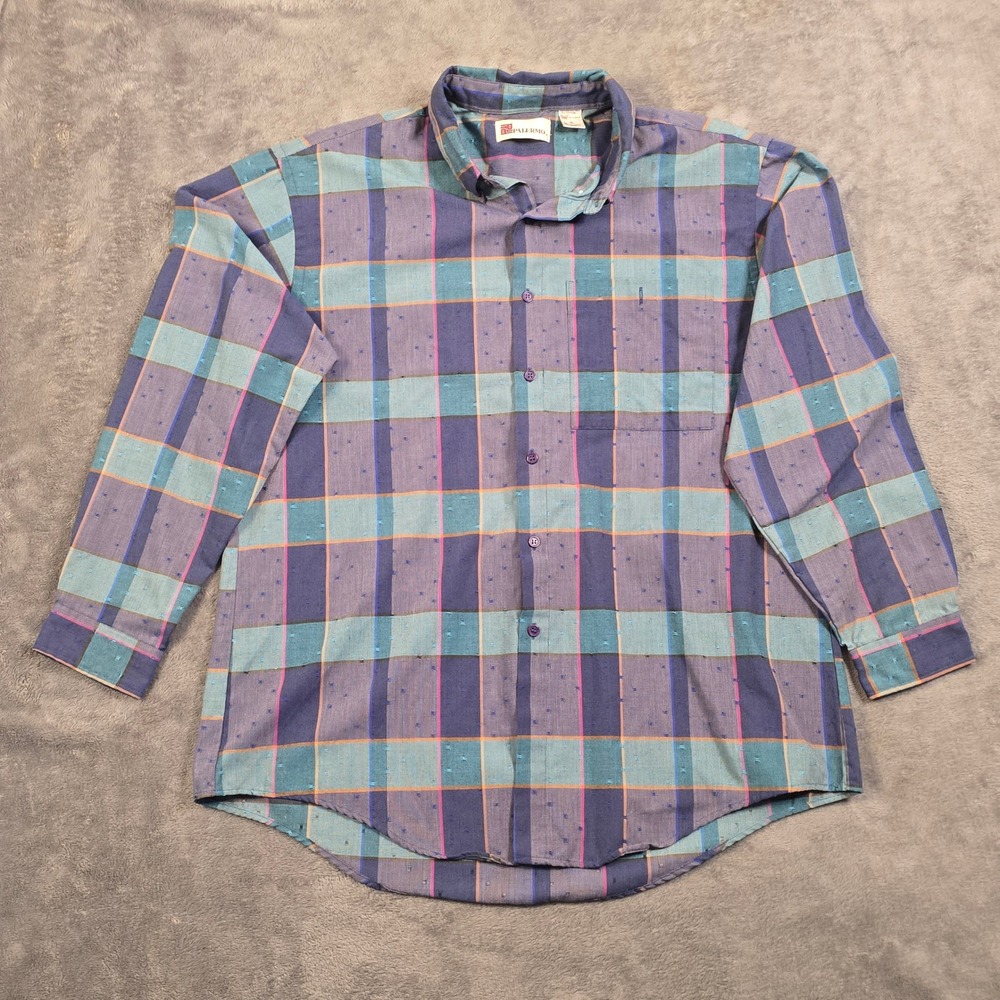Vintage 1990's Palermo Shirt Men XL Plaid Dobby Teal Purple Workwear Button Down
